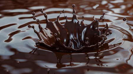 Liquid chocolate crown splash. In a liquid chocolate pool. With circular ripples. Viewed from the top.の素材