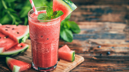 Healthy watermelon smoothie on a wood table.の素材