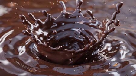 Liquid chocolate crown splash. In a liquid chocolate pool. With circular ripples. Viewed from the top.の素材