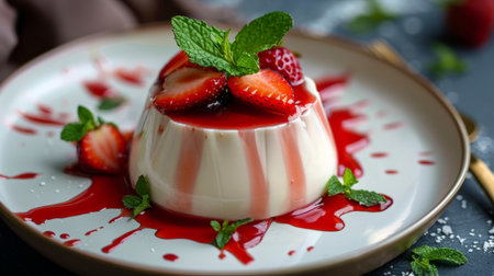 photo of italian panna cotta dessert with strawberry sirup and mint leafの素材