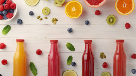 Bottles of Fruits smoothies with various ingredients on white wooden background, top view.の素材