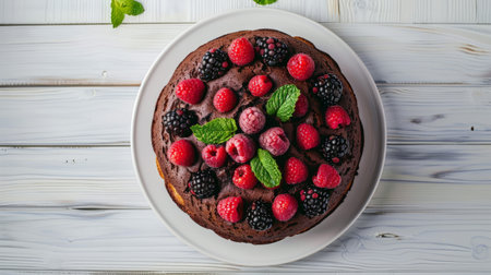Chocolate cake with raspberry, blackberry, mint, white plate, white wood background,の素材