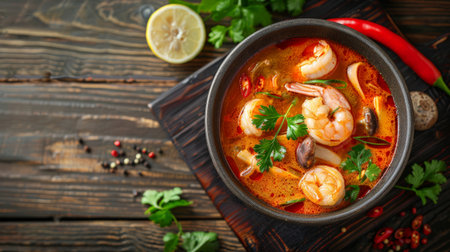 Tom Yam Kung or Tom Yum soup is Thai hot spicy soup shrimp or prawn with lemon grass, lemon, galangal, mushrooms, coconut milk and chili in bowl on wooden table top view, famous Thai food cuisine.の素材