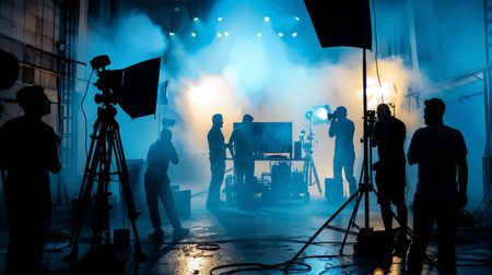 Video production behind the scenes. Making of TV commercial movie that film crew team lightman and cameraman working together with film director in studio.の素材