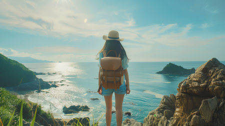 Asian woman with backpack travel at tropical island and resting on mountain peak in summer sunny day.の素材