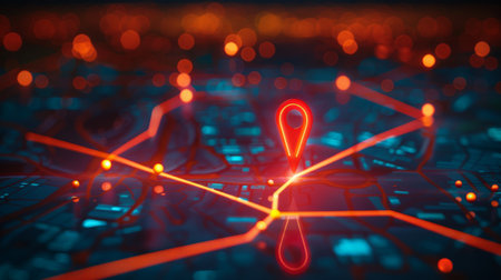Digital hand set location on map with two pins. AI technology in GPs, innovation delivery, map location, future transport logistic,の素材