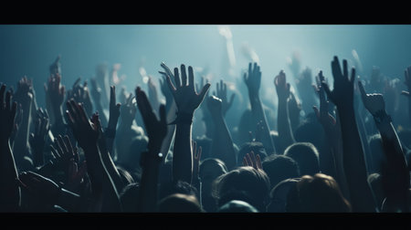 Crowd at a music concert, audience raising hands upの素材