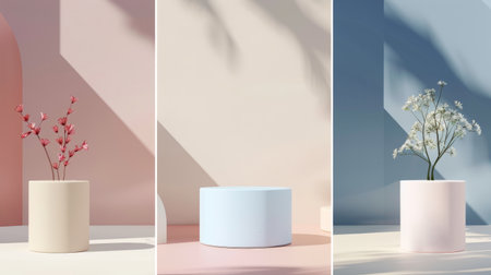 Set of beige, blue, pink and white realistic 3d cylinder pedestal podium in pastel colorful abstract rooms.の素材
