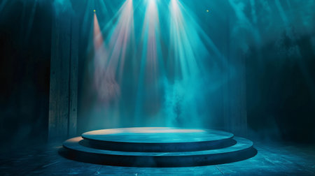 Stage Podium Scene for Award Ceremony illuminated with spotlight. Award ceremony concept. Stage backdrop.の素材