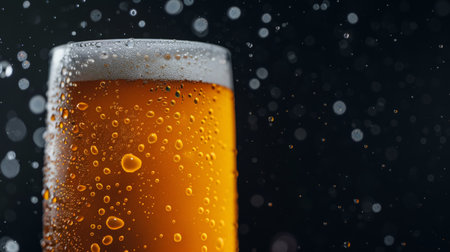 Beer. Cold Craft light Beer in a glass with water drops. Pint of Beer close up isolated on black color background. Border design.の素材