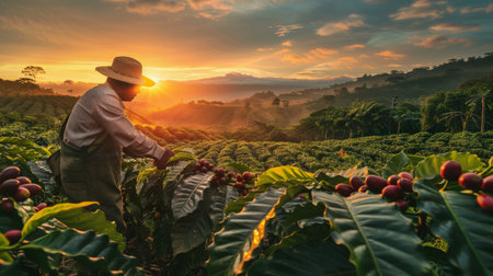 Farmer working on coffee field at sunset outdoorの素材