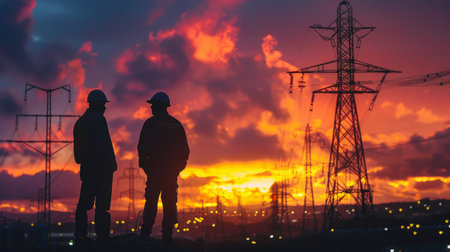 silhouette of two engineers standing at electricity stationの素材