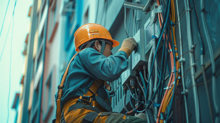 Electrician repair of electric power system on hydraulic platformの素材