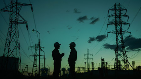 silhouette of two engineers standing at electricity station, discussing planの素材
