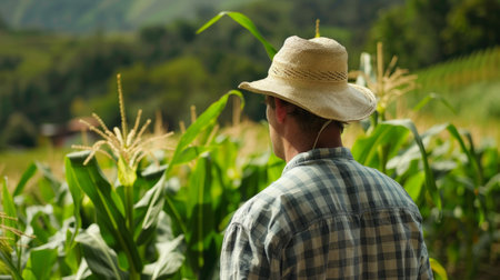 Organic Farmer looking at sweetcorn in a field. Model is real farm workerの素材