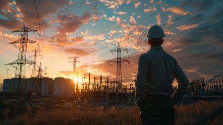 Picture of an electrical engineer standing and watching at the electric power station to view the planning work by producing electricity at high voltage electricity poles.の素材