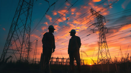 silhouette of two engineers standing at electricity stationの素材