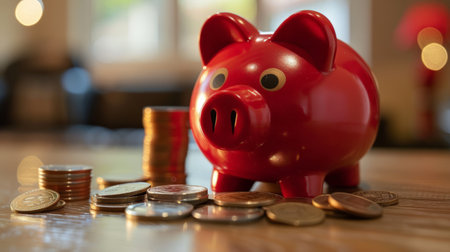 Real estate or home savings red piggy bank, coins and a houseの素材