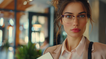 Young pretty business woman with notebook in the officeの素材