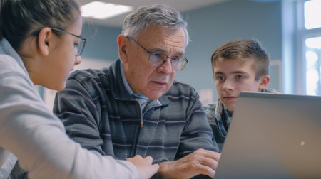 Professor assisting college student with laptop in classroom during computer lesson. Teacher talking and explaining to guy.の素材