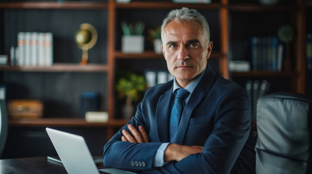 Successful mature executive financial director businessman wearing suit and looking at camera while sitting at office in front of laptop.の素材