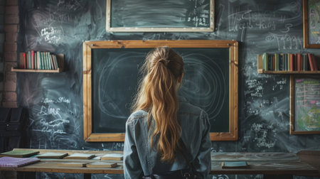 Young teacher near chalkboard in school classroomの素材