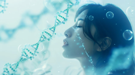 Young woman near digital bubble DNA stems. Over blue background. Beauty science concept.の素材