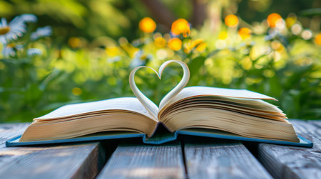 Book on table in garden with top one opened and pages forming heart shape.の素材