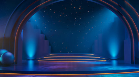 Stage podium with lighting, Stage Podium Scene with for Award Ceremony on blue Backgroundの素材