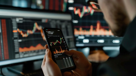 Businessman trading stocks using on-line app on phone.の素材