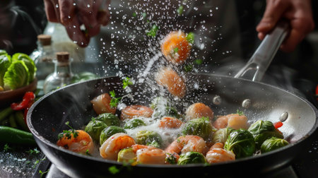 A professional chef cooks shrimp in a pan with brussels sprouts, vegetables.の素材