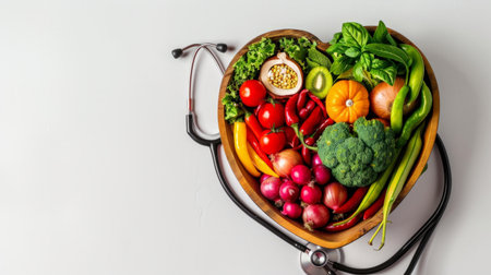 Organic healthy food,fruits,vegetables in wooden bowl,stethoscope,red,green heart shape and leave herb on white backgroundの素材