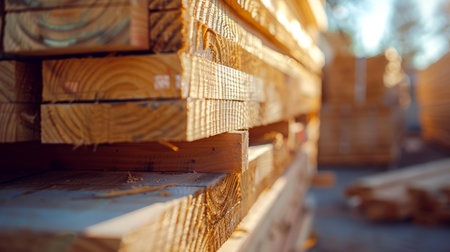 Selective focus image of stacks of lumber sitting at a construction site of a new home. Horizontal shot.の素材