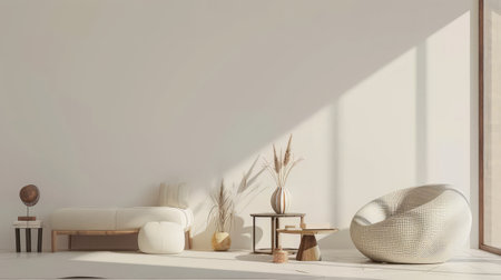 Cozy living area scene. Interior of living minimal style with empty space for products presentation or text for advertising.の素材