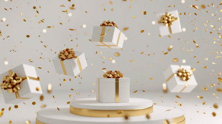 Christmas style Product podium scene with flying falling white gift box with gold bow.の素材