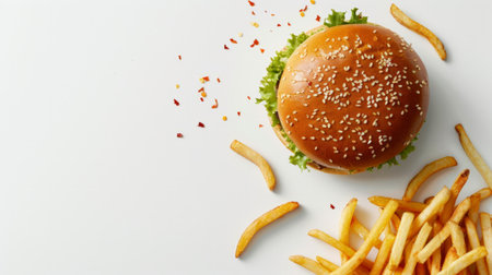 Concept of mock up burger and french fries on white background. Copy space for text and logo.の素材