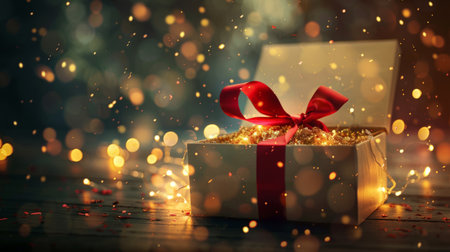 Opened gift box with red bow and lightsの素材
