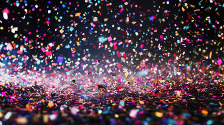 Thousands of confetti fired on air during a festival at night. Image ideal for backgrounds. Multicolor are the confetti in the picture.の素材