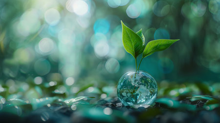 A new sprout grows on a transparent Earth. Image of environmental protection and a sustainable societyの素材