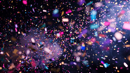 Confetti fired on air during a festival at night. Image ideal for backgrounds. Multicolor are the confetti in the picture.の素材