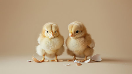 Two cute chicks and pieces of eggshell on beige background, closeup with space for text. Baby animalsの素材
