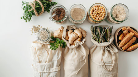 Zero waste shopping concept - groceries in textile bags and glass jars, top viewの素材