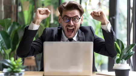 Happy young businessman in suit looking at laptop excited by good news online, lucky successful winner man sitting at office deskの素材