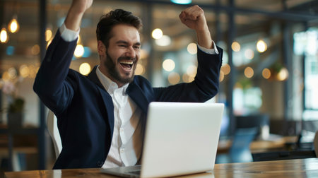 Happy young businessman in suit looking at laptop excited by good news online, lucky successful winner man sitting at office deskの素材