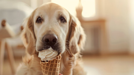 dog eats Ice-cream in a waffle hornの素材