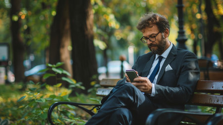 Businessman On Park Bench With Coffee Using Mobile Phoneの素材
