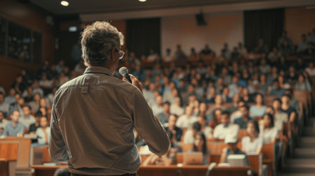 Back view of mature professor giving lecture to large group of college students in the classroom.の素材