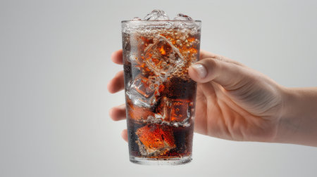 Hand holding a wet glass ice cold cola with ice cubes in itの素材