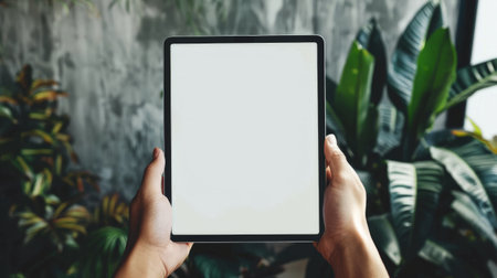 close-up person hold digital tablet blank screenの素材