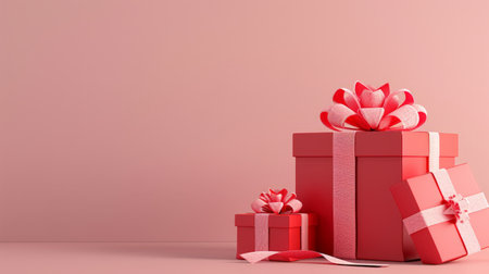 red gift boxes open and closed standing on the floor with pink pastel ribbon bow isolated on a light background.の素材